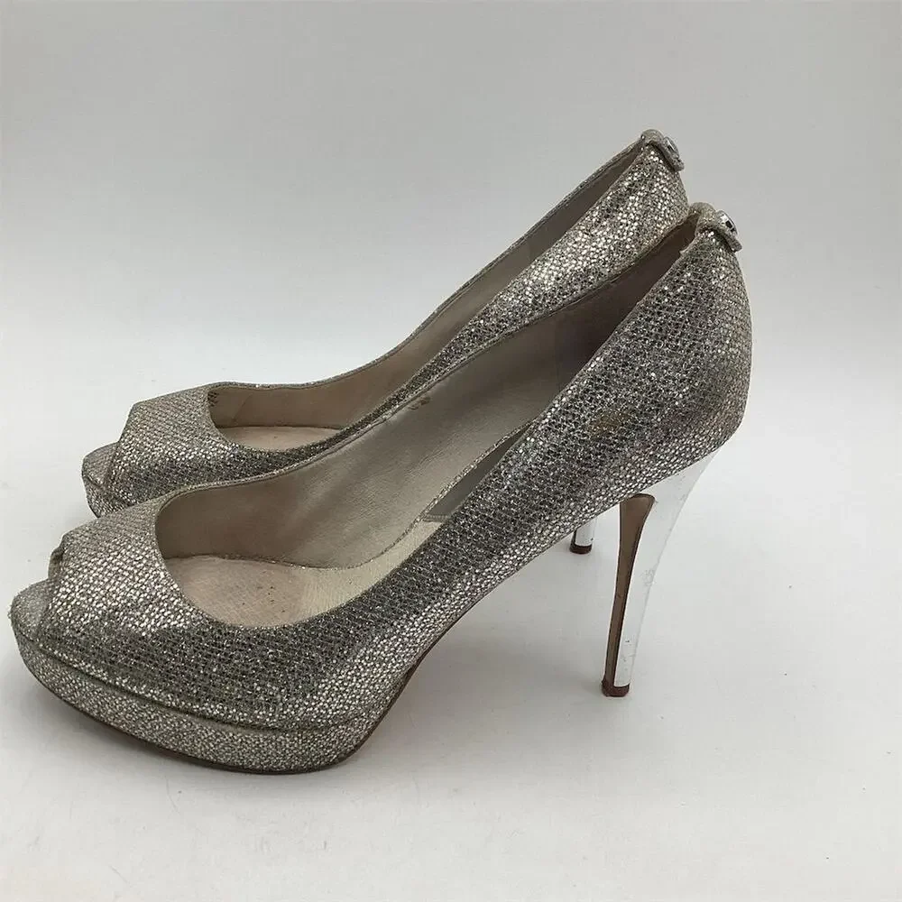 Michael Kors Silver Glitter Peep Toe Platform Heels Size 10‎ Women's